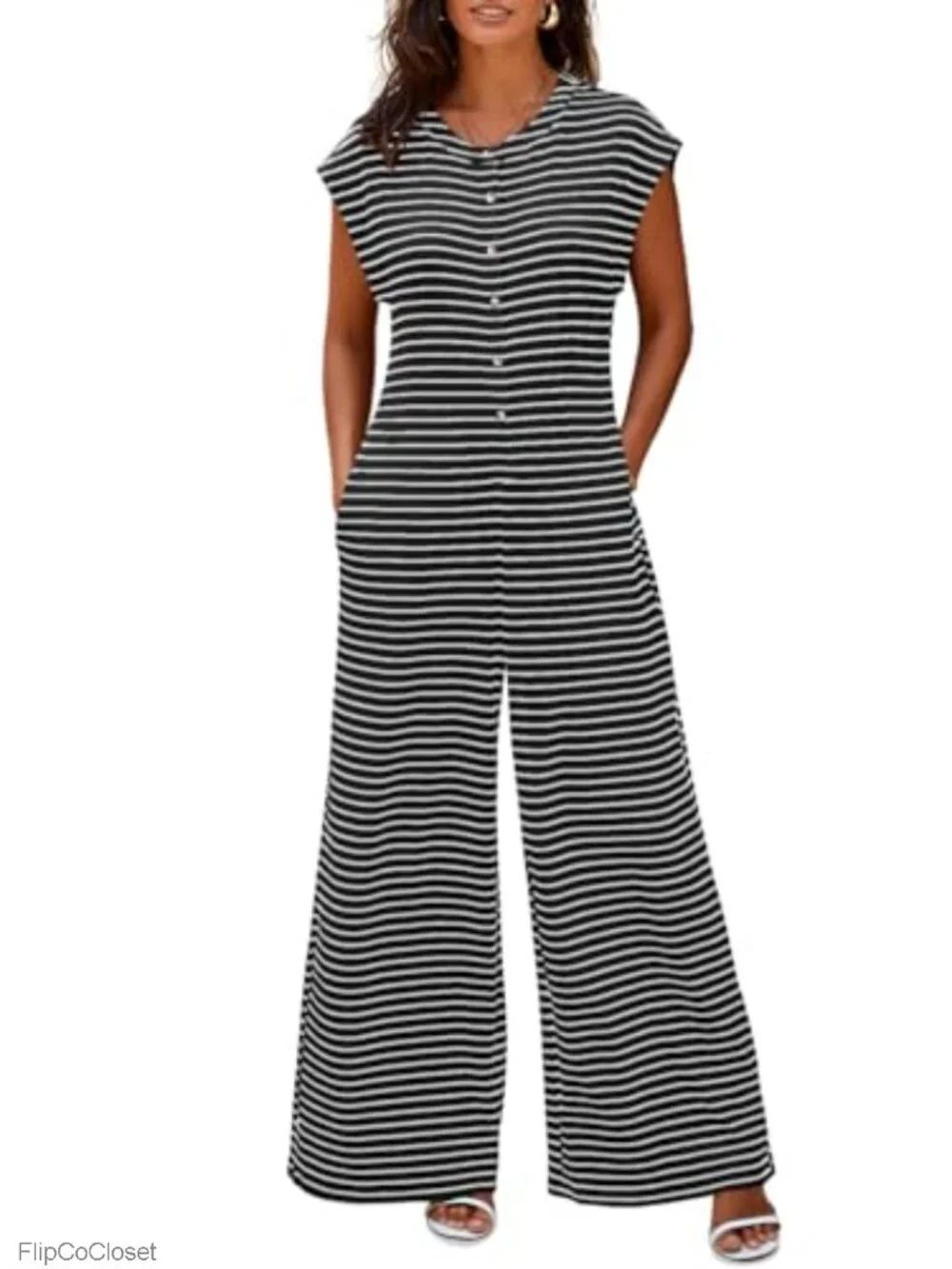 Women's Striped Wide Leg Jumpsuit Button Down Sleeveless Romper